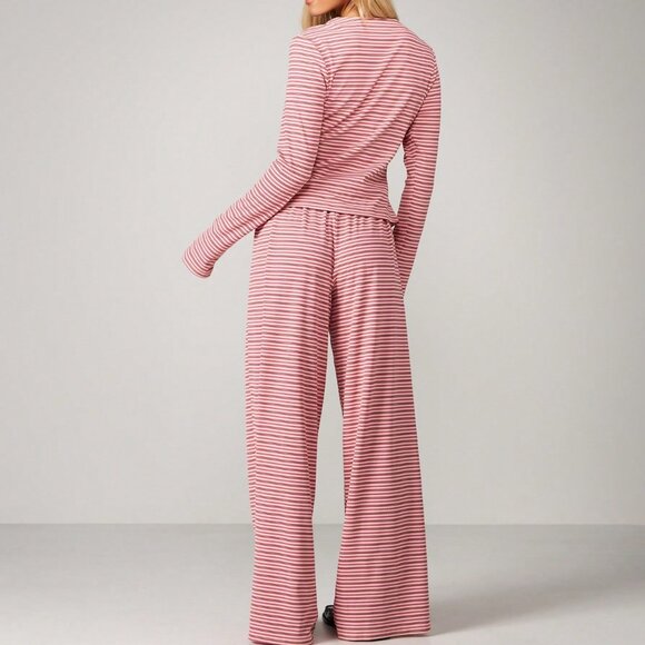 Pink Casual Women's Long Sleeve Crop Top & Wide Leg Pants Set - Picture 2 of 5